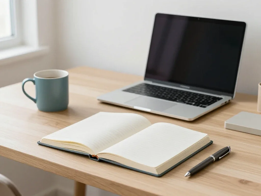 Table de travail lumineuse avec carnet, tasse et ordinateur, symbolisant la curiosité quotidienne.