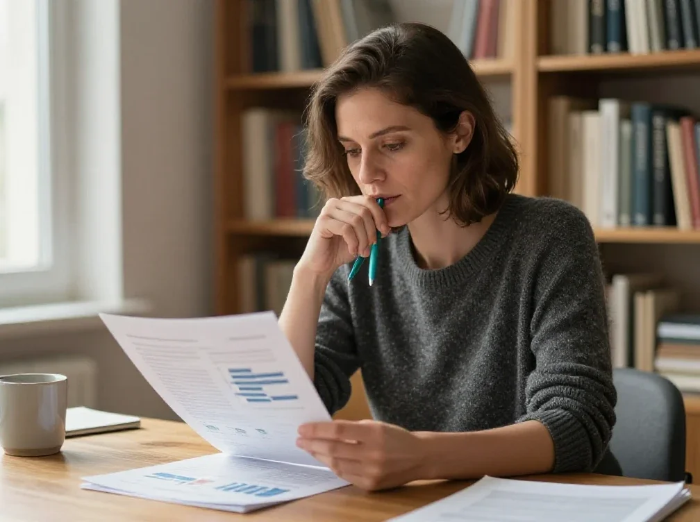 Une femme réfléchit devant des rapports imprimés pour prendre une décision éclairée et rationnelle.